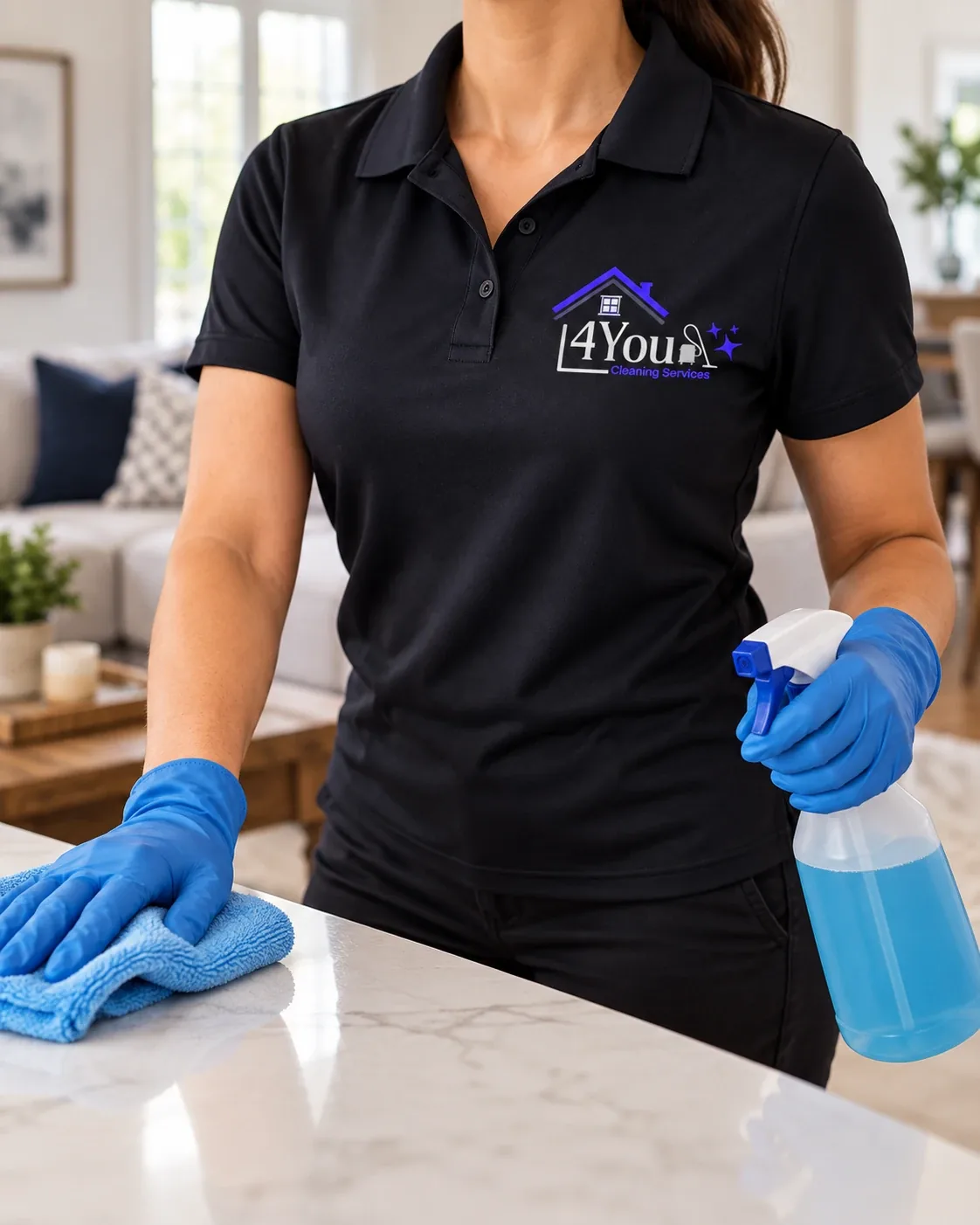 4You Cleaning Services team member in uniform wiping a marble kitchen counter