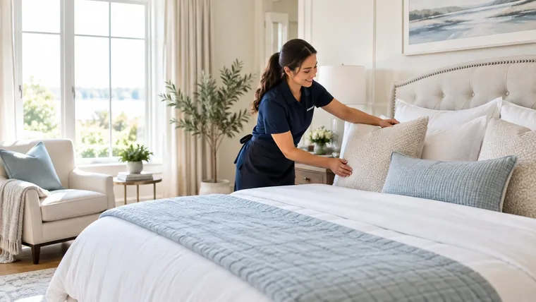4You cleaner arranging pillows on a freshly made bed