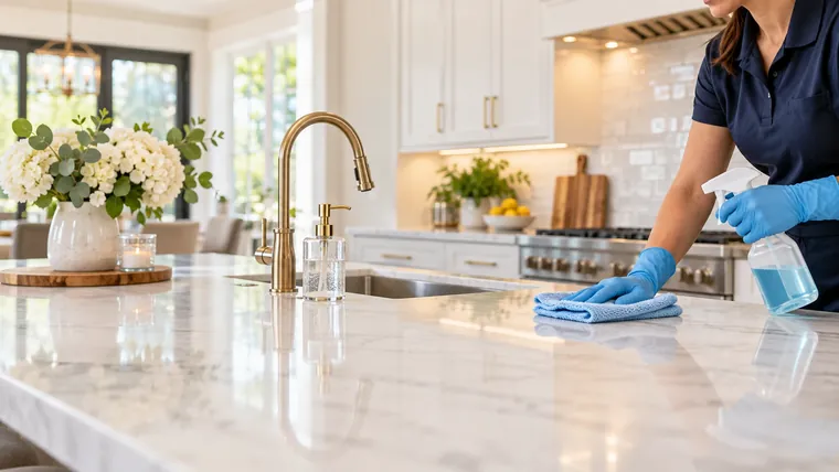 Marble kitchen island being wiped to a shine